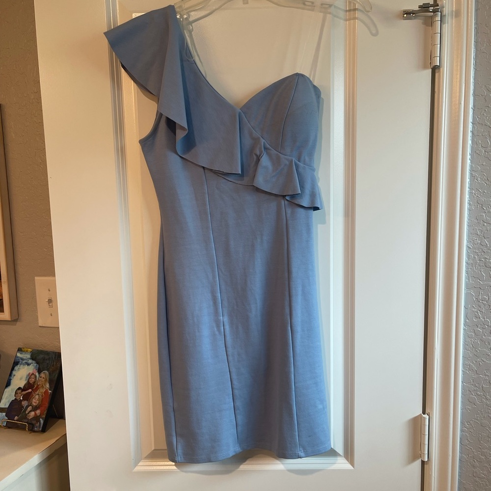 Light blue one shoulder body con dress